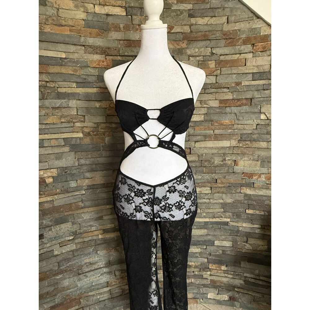 Outcast Clothing Black Floral Lace Cutout Jumpsuit | Women's Size Small